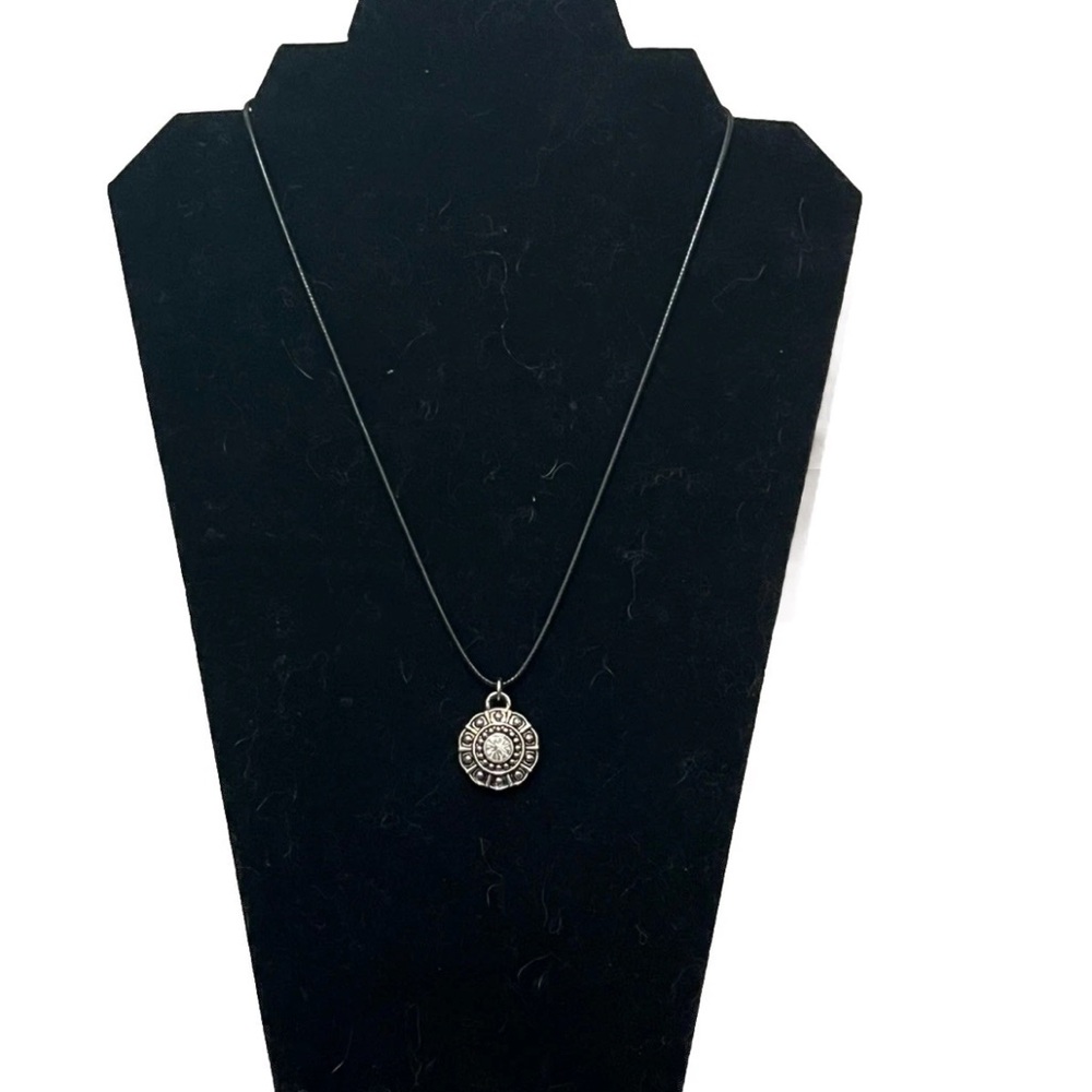 Silver Mandala Round Pendant With Rhinestone On Leather Cord